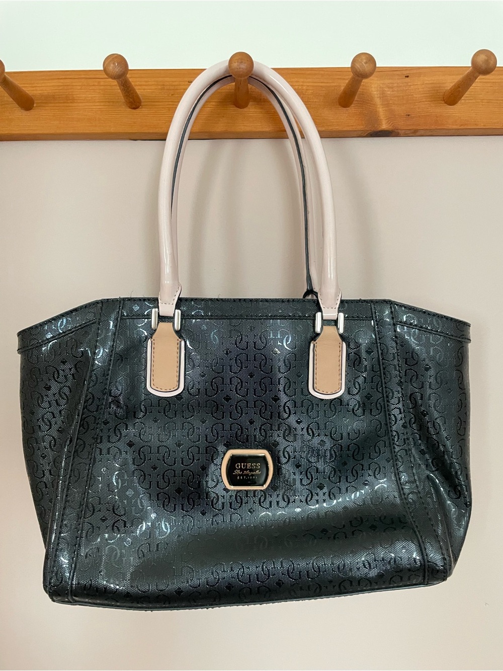 GUESS Black Monogram Tote with Cream Handles and Tan Accents
